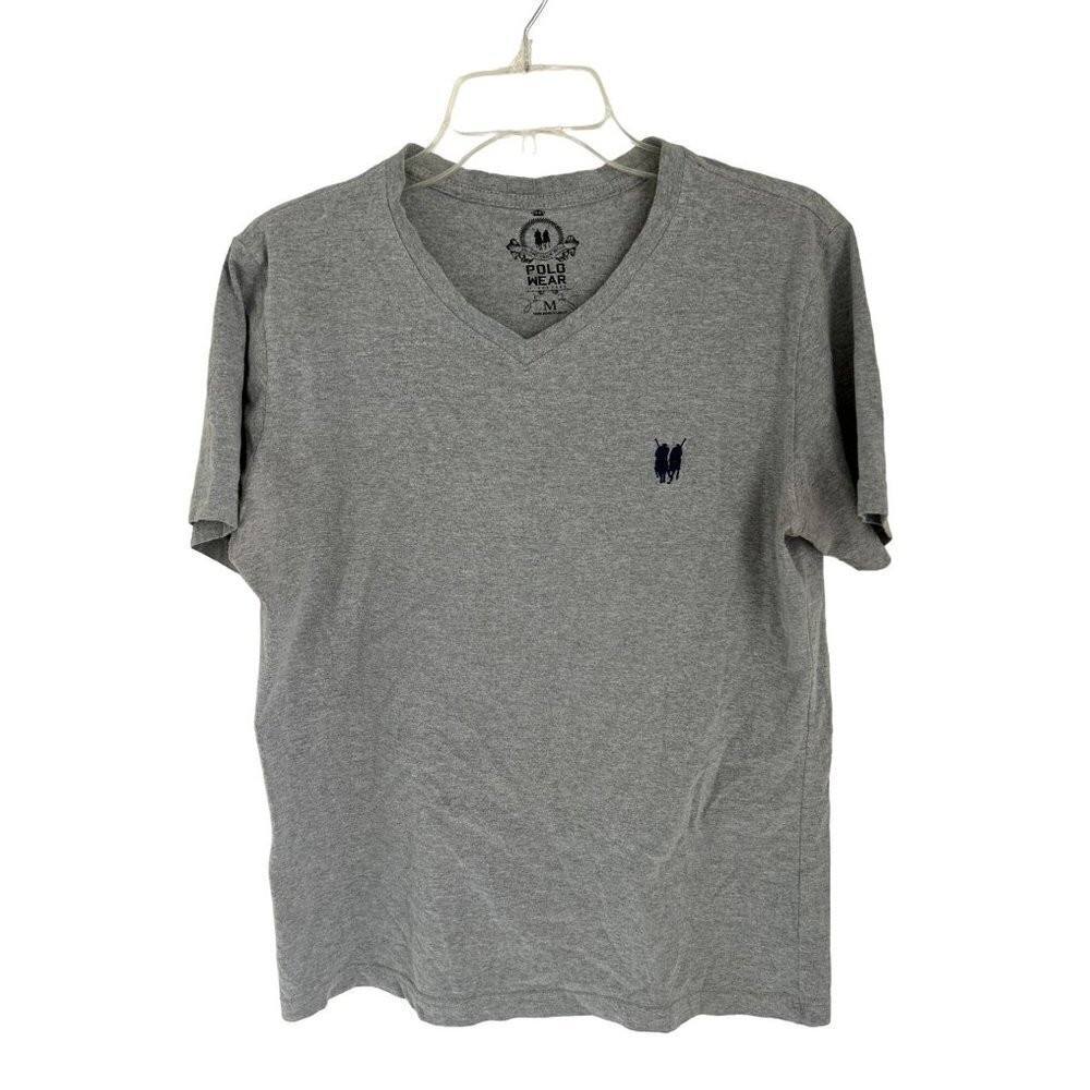 POLO WEAR V-Neck Tee T-Shirt Gray Cotton Embroidered Logo Size Med